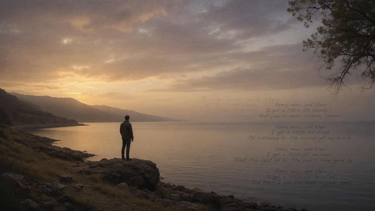 A solitary figure stands on a rocky outcrop overlooking a tranquil lake at golden hour. Warm sunset light bathes the scene as handwritten lyrics from 'Every Now and Then' float across the sky. The image captures a profound moment of solitude, reflection, and quiet longing.